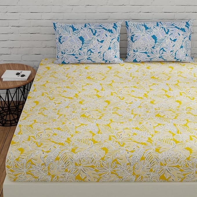 Huesland by Ahmedabad Cotton 144 TC King Size Bedsheet Cotton with 2 Pillow Covers | Yellow & Blue