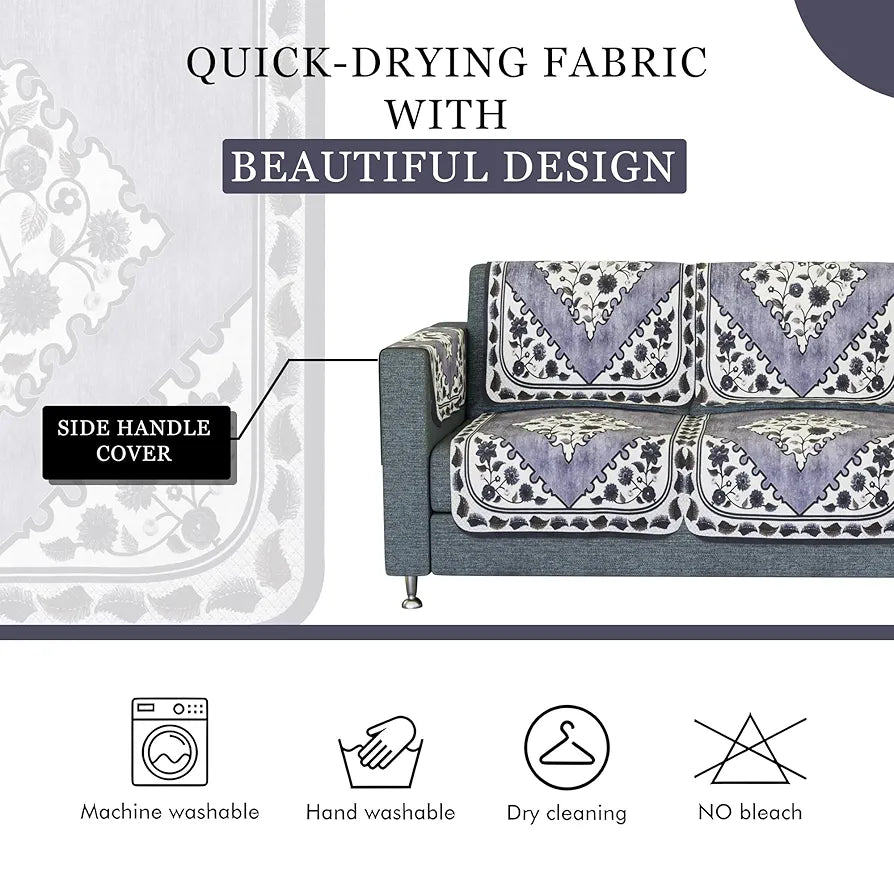 Kuber Industries Sofa Cover Net Sofa Slipcover Set 5-Seater Sofa Cover Flower Digital Triangle Border-753 Grey