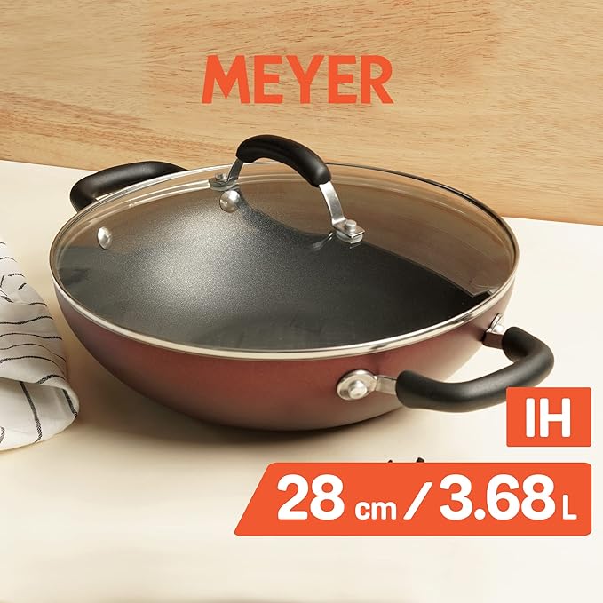 Meyer Merlot Aluminium Non-Stick Kadai | Kadhai with Glass Lid 28cm/ 3.68 Litre
