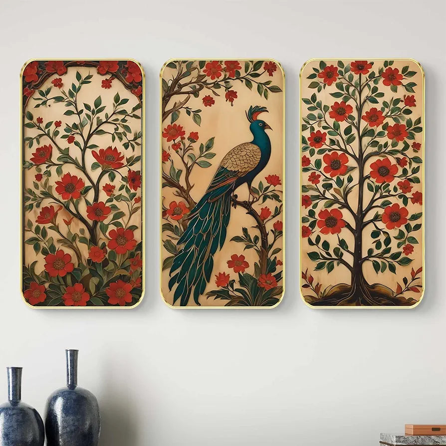 Livin'luxe Set of 3 Peacock Modern Art Boho Painting Premium Framed Laminated Wall Paintings SP-20