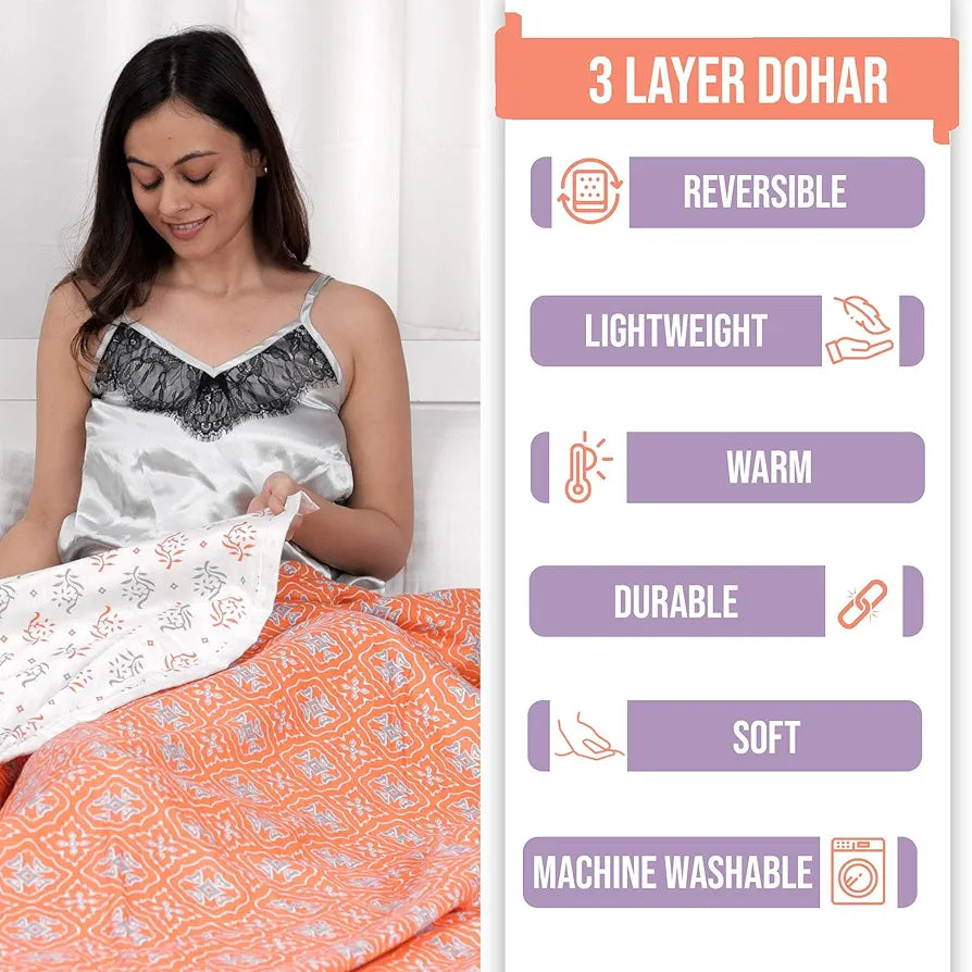 Divine Casa 120 GSM 100% Cambric Cotton Jaipuri Dohar Single Bed Reversible AC Blanket TC - 120 Colour Peach Fuzz