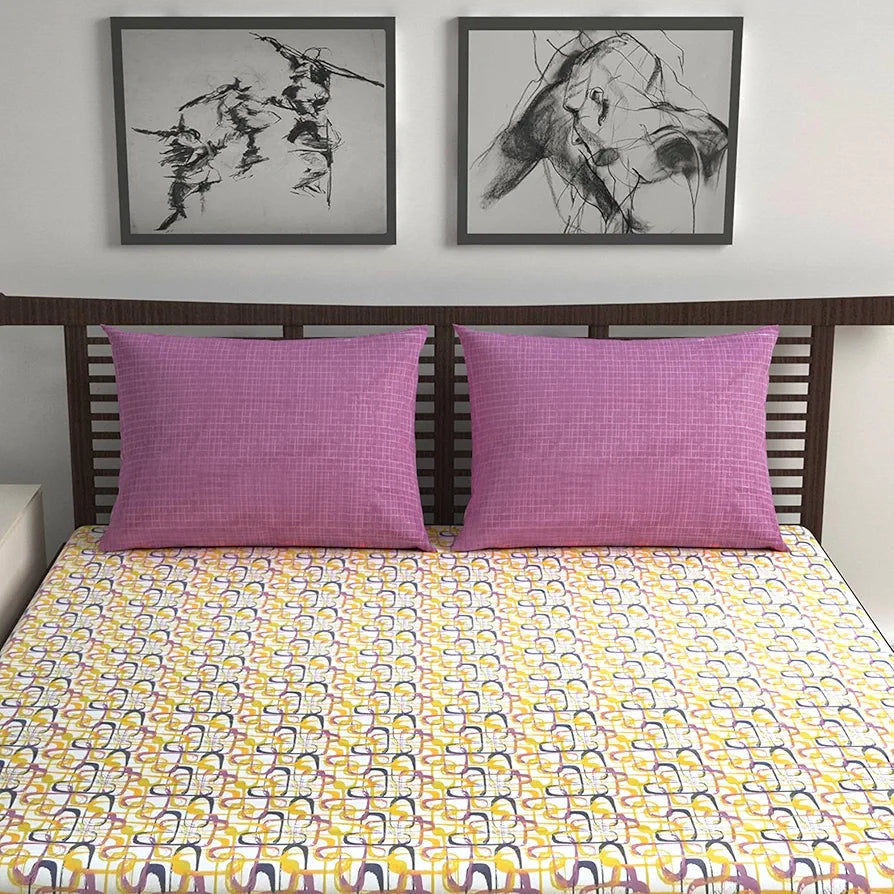 Divine Casa 144 TC 100% Pure Cotton Queen Size Double Bed Bedsheet with 2 Pillow Covers Wavy Pattern Colour Charcoal Yellow