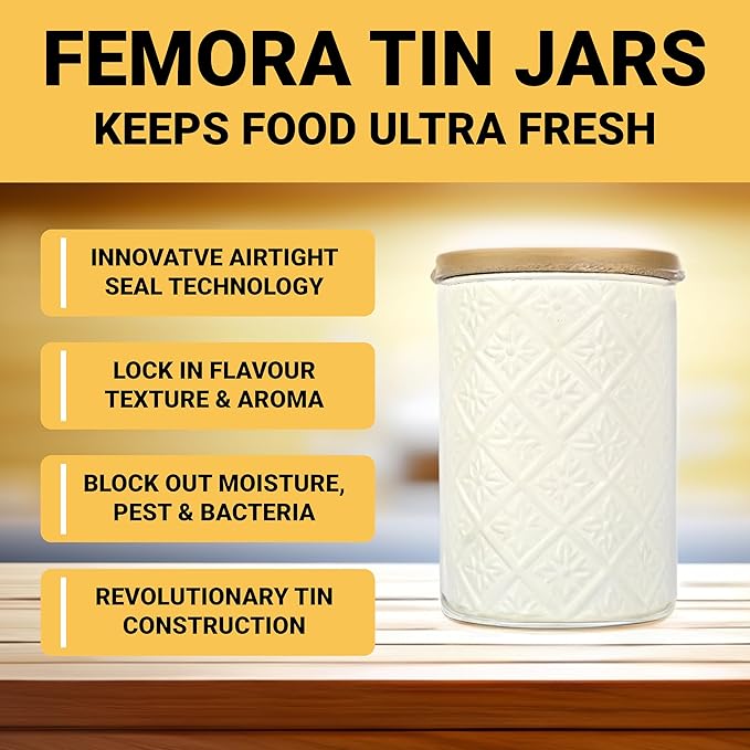 Femora Kitchen Storage Jars Tin Jar With Wooden Lid Air Tight Jar | 900 Ml | Pack of 4