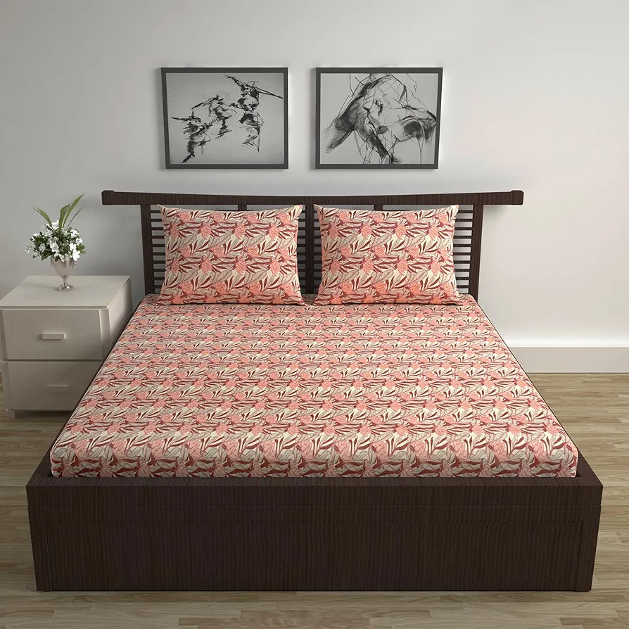 Divine Casa 144 TC 100% Pure Cotton Queen Size Double Bedsheet with 2 Pillow Covers Floral Breeze Colour Coral Beige