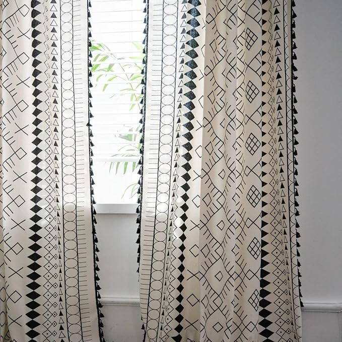 Huesland Cotton Curtains for Windows, 5 Feet Long 1 Bohemian Eyelet Curtain | Boho Tribal White & Black