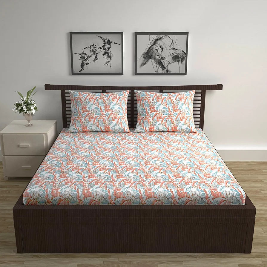 Divine Casa 144 TC Pure Cotton Double Bed Bedsheet with 2 Pillow Covers Floral Breeze Colour Coral Aqua