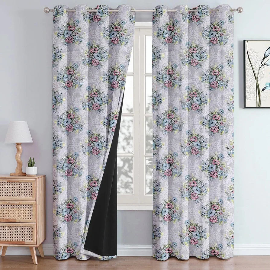 Cloth Fusion Blackout Printed Premium Door Curtains 9 Feet Long Set of 2 Ivory Bouquet