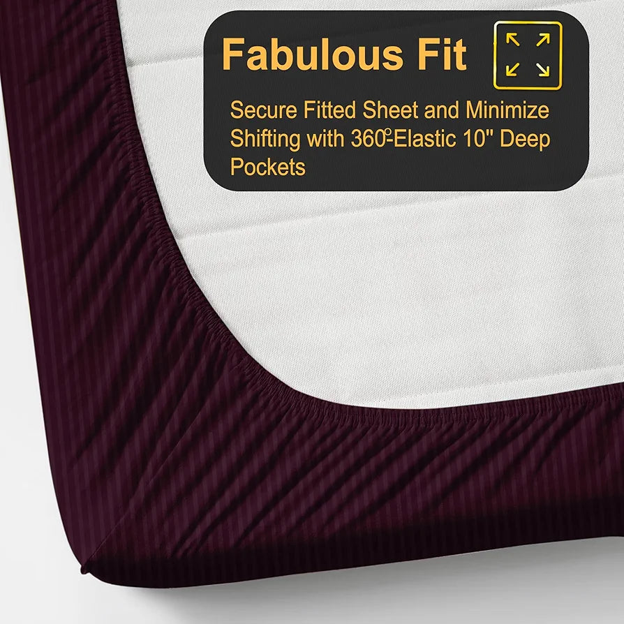Fresh From Loom 240 TC Satin Striped Elastic Fitted Bed Sheets King Size Bed with Two Pillow Cover Wine