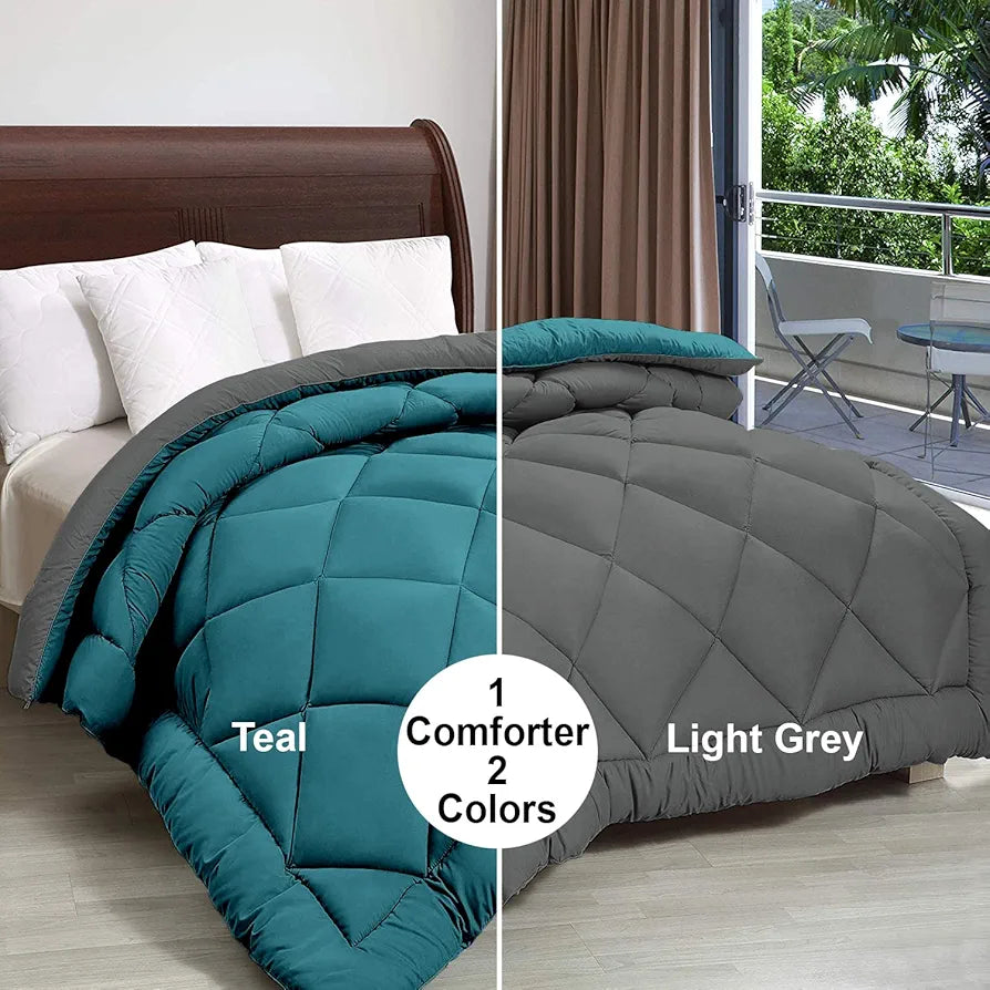 Cloth Fusion Reversible AC Comforter Single Bed Soft Microfibre Quilt Blanket for Winter Teal & Light Grey