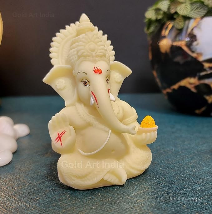 Gold Art India Ivory Ganesha Idol for Car Dashboard Lord Ganpati Diwali Gifts Home Decor