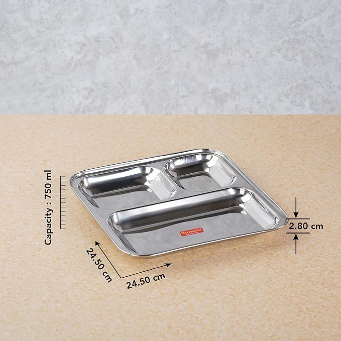 Sumeet Stainless Steel 3 in 1 Compartment plate Set of 3Pcs 24.5 cm Silver