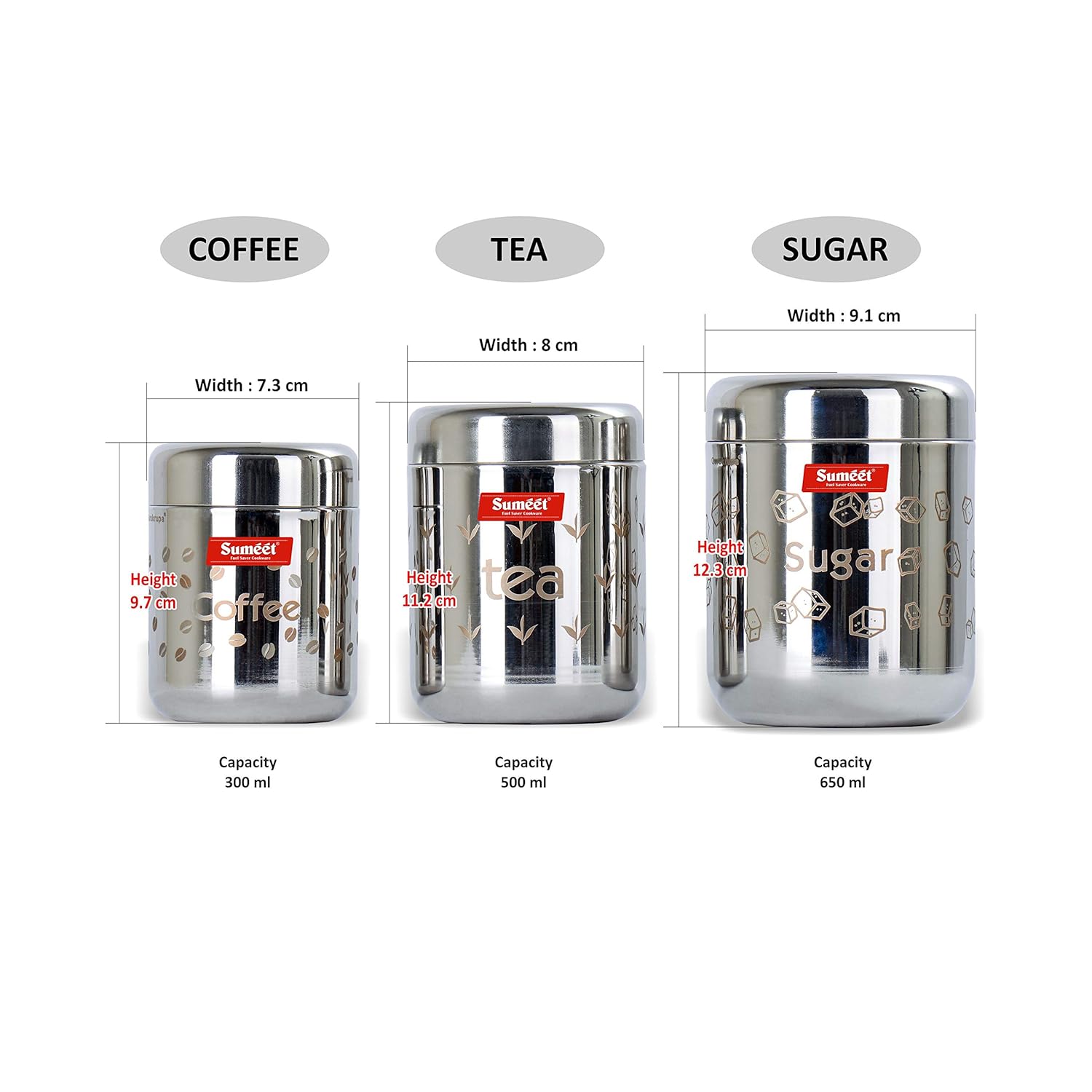 Sumeet Stainless steel Laser printed Tea|Cofee|Sugar Canisters Set of 3 Pcs