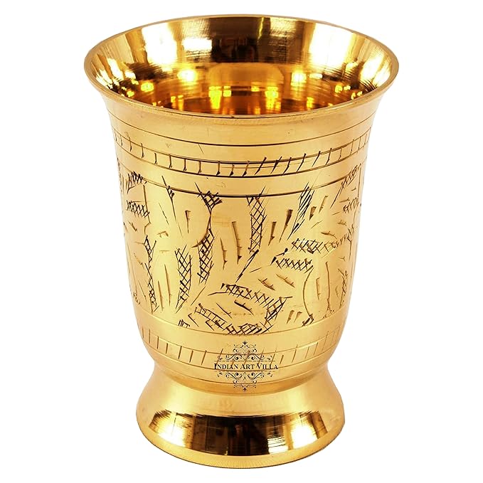 Indian Art Villa Pure Brass Glass Tumbler With Mughlai Etched Design - 215 gms
