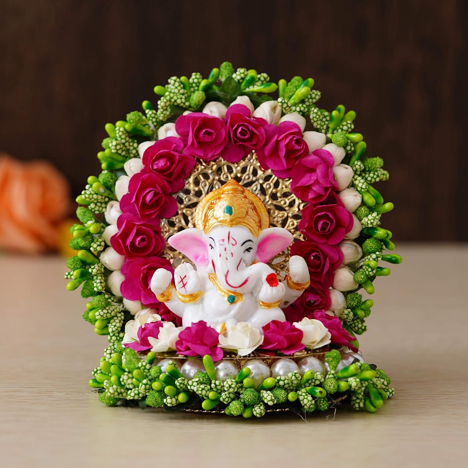 Ecraftindia Resin Lord Ganesha Idol on Decorative Green Pink Floral Plate | Ganesha Idol