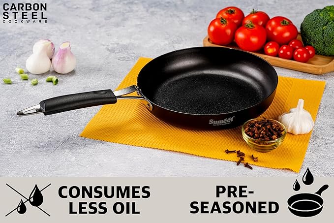 Sumeet Super Smooth Pre Seasoned Carbon Steel (Iron) Fry Pan 22.3cm | 1500ml Black