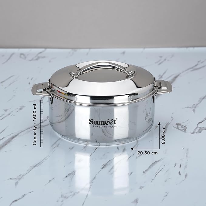 Sumeet Smart Serve Stainless Steel Double Wall Insulated Small Hot Pot Casserole 1.6L Silver