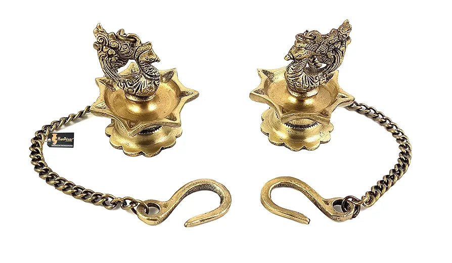 Two Moustaches Brass Peacock Carved Hanging Diya Set Antique Yellow -Pack of 2