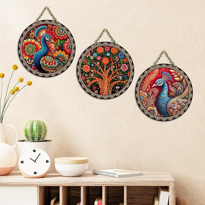 Artvibes Decorative Peacock Art Wooden Wall Hanging Decoration Items for Home | Set of 3