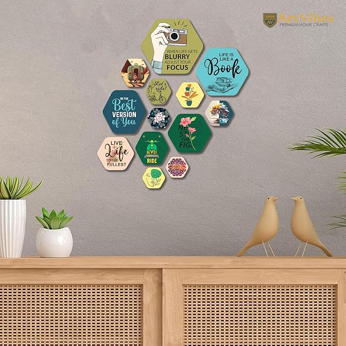 Artvibes Decorative Wooden Wall Hanging Decoration for Home | Quotes Decor Item Pack of 13 Pieces