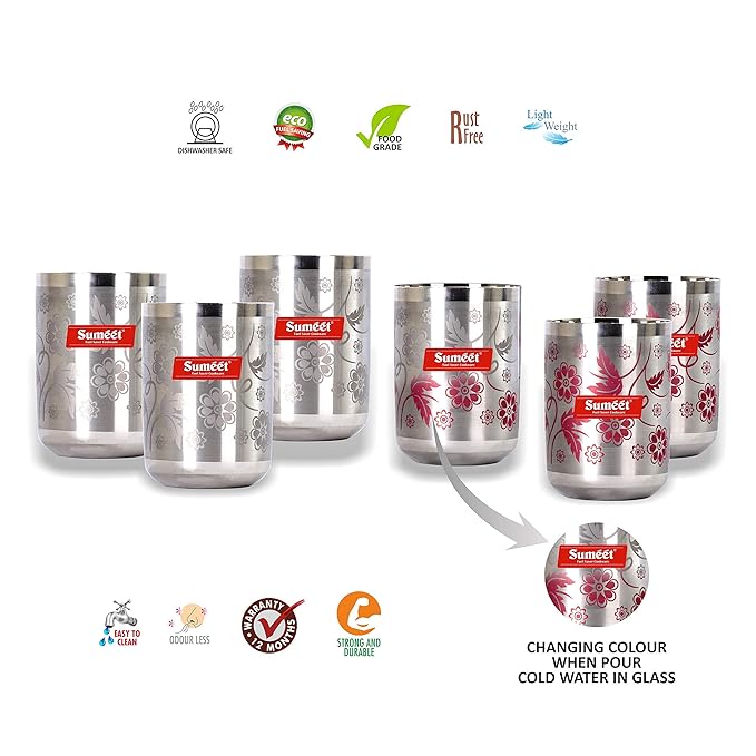 Sumeet Stainless steel Laser printed Miracle Glass Set of 6 Pcs (Capacity - 300 ml Each)