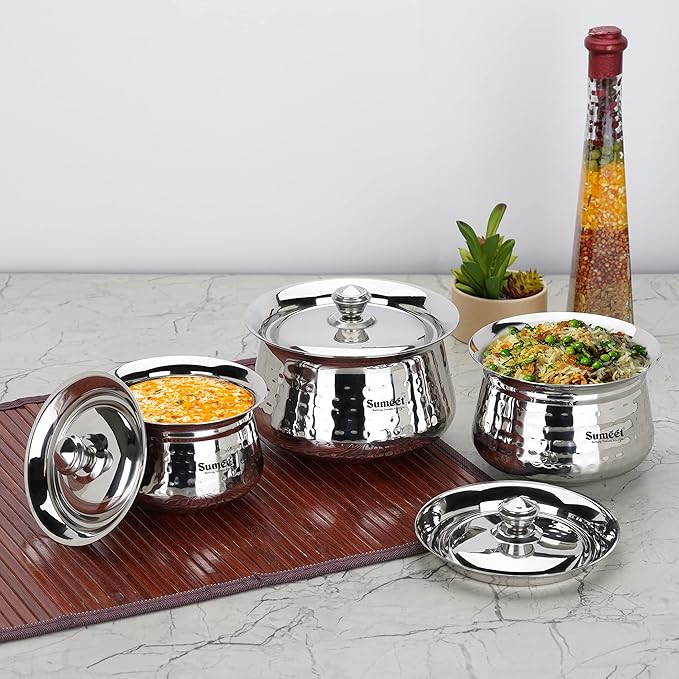 Sumeet Stainless Steel Handcrafted Hammered Texture Handi Set with Lid Set