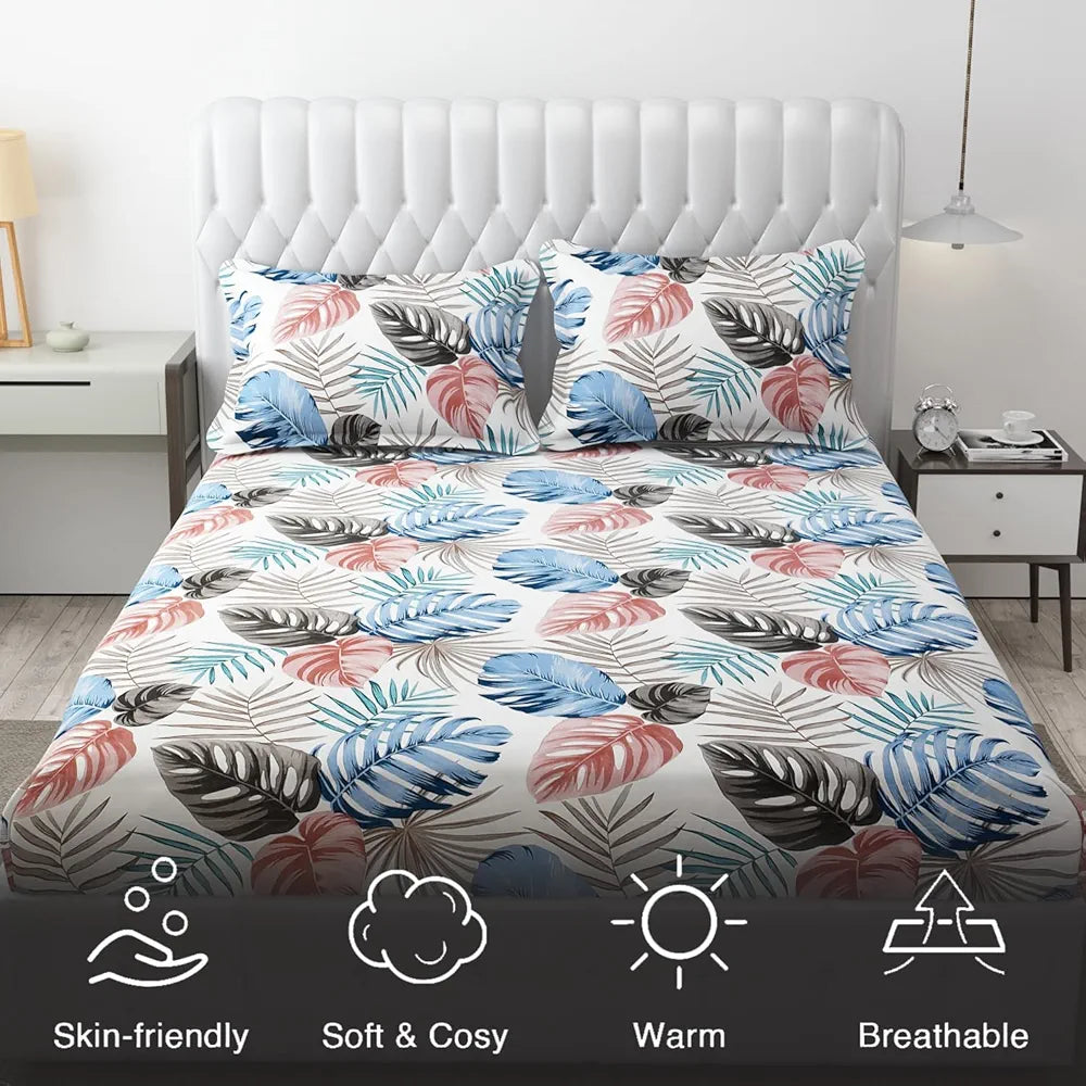 Fresh From Loom Elastic Fitted Floral Bed Sheets King Size Bed With Two Pillow Cover Fitted Bedsheet 144 Tc BBM White