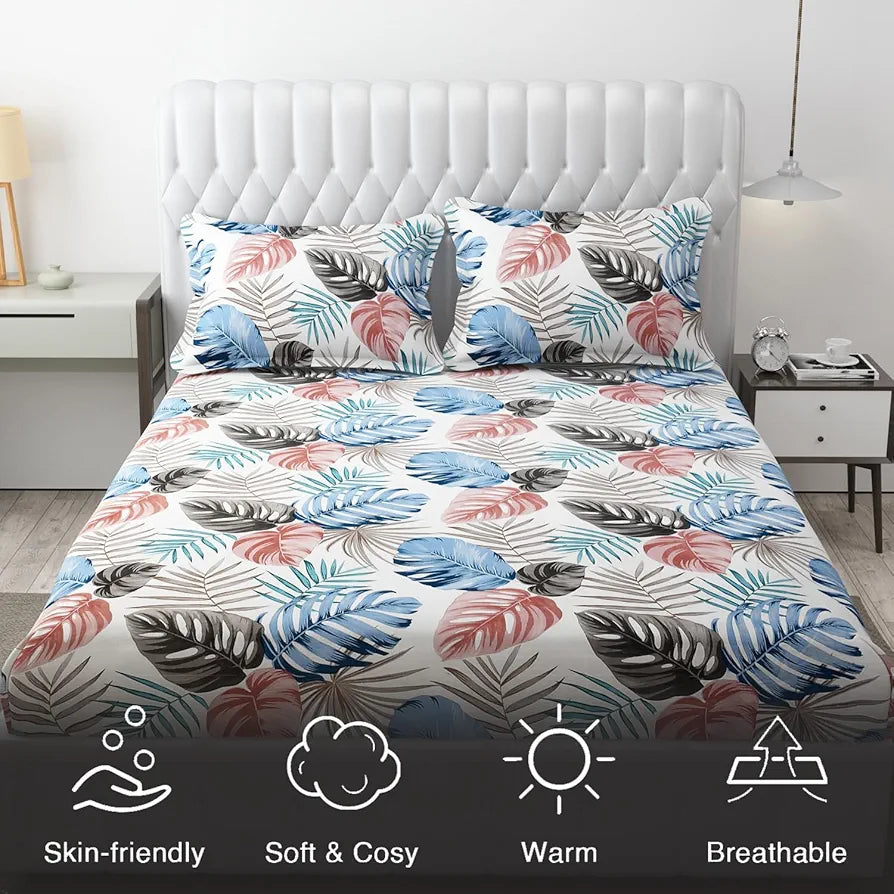 Fresh From Loom Microfiber Double Bed Bedsheet For King Size Bed Floral Design Bed Spread With 2 Pillow Covers 144 TC BBM White