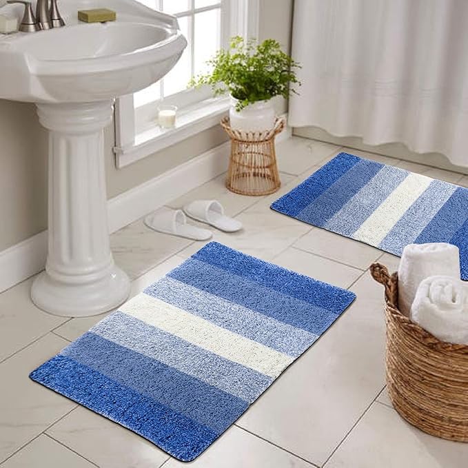 The Home Talk Cotton Stripes Bathmats Water Absorbent Runners Floor Mats Non-Slip Pack of 2  Beige Turquoise