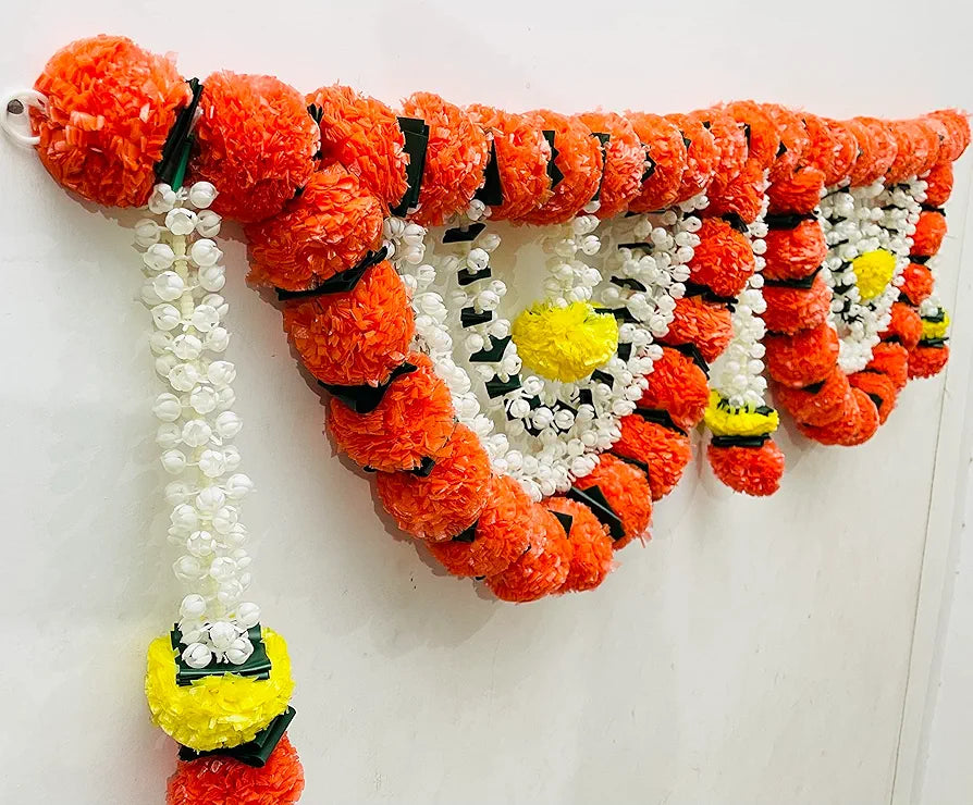Artificial Marigold Fluffy Flowers Garlands Door Toran Set/Door Hangings Dark Orange with Jasmine and leaves