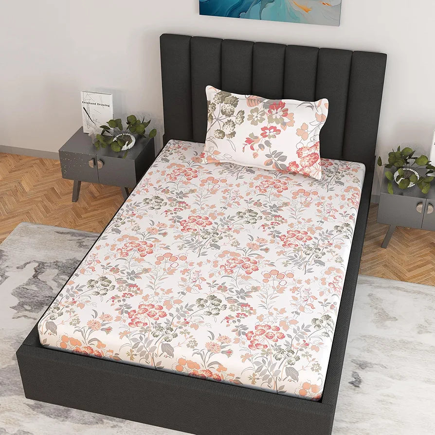 Divine Casa 144 TC 100% Cotton Floral Print Peach Super Soft Elastic Fitted Bedsheets Single Bed Colour Peach amber