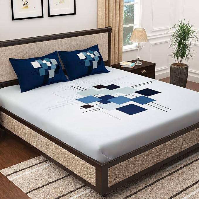 Story@Home Bedsheet for Double Bed Cotton White & Blue 2 Pillow Covers White & Blue Colours