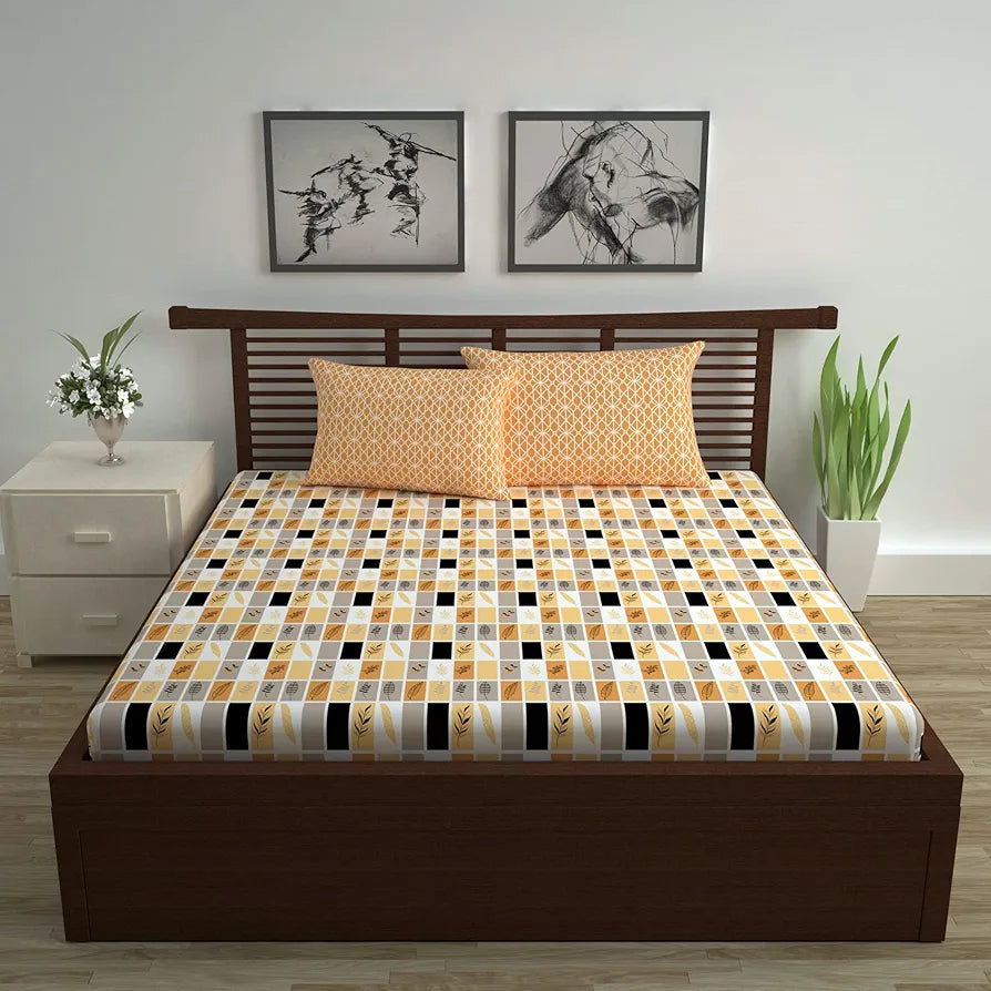 Divine Casa 144 TC Cotton Bedsheet for Double Bed with 2 Pillow CoverColour Ivory & Orange