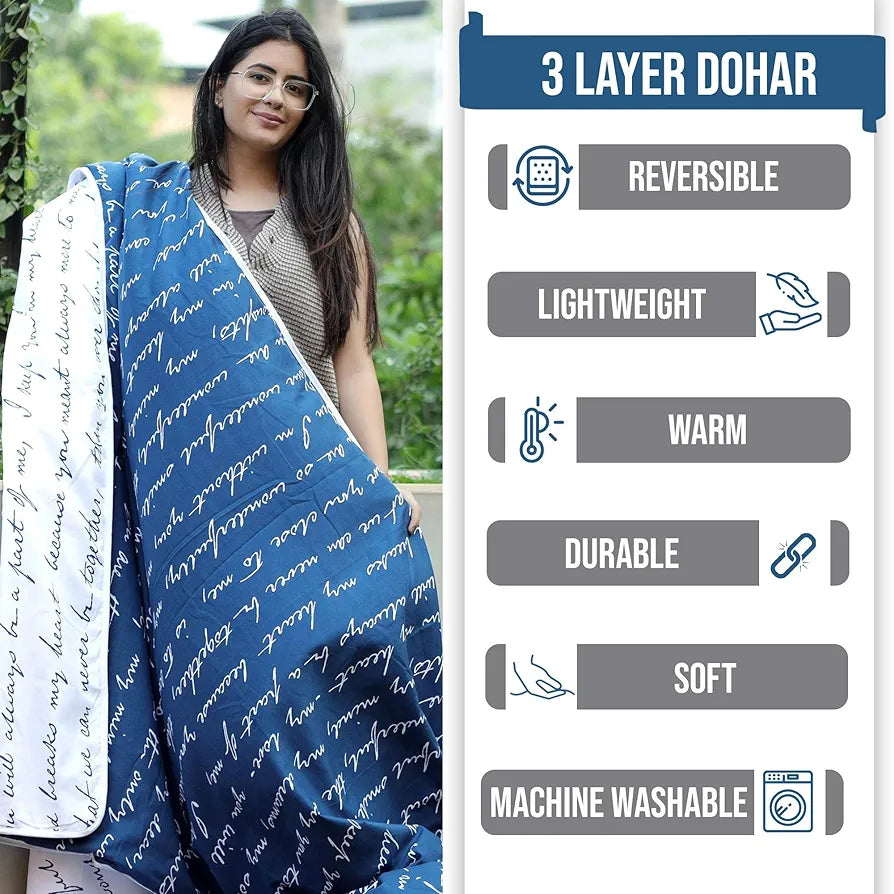 Divine Casa 120 GSM Microfiber Single Kids Dohar Soft & Lightweight Throw Blanket Typography Pattern Colour Blue Depth