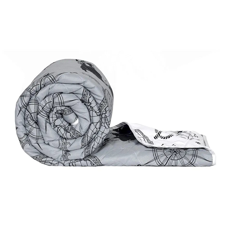 Divine Casa Microfibre Mild Winter 120 GSM Printed Reversible Single Bed Size Quilt Comforter Blanket TC - 120 Colour Light Grey and Black