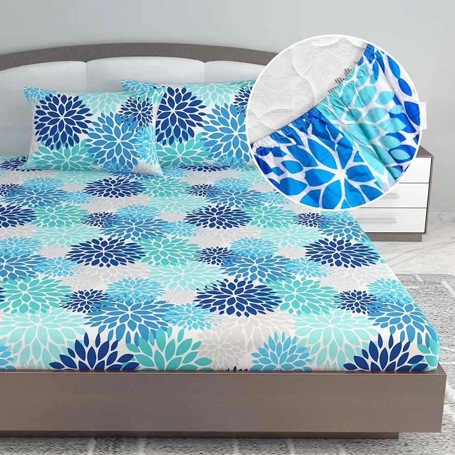 Divine Casa 144 TC Cotton Floral Print King Size Double Bed Elastic Fitted Bedsheet with 2 Pillow Cover Colour French Blue