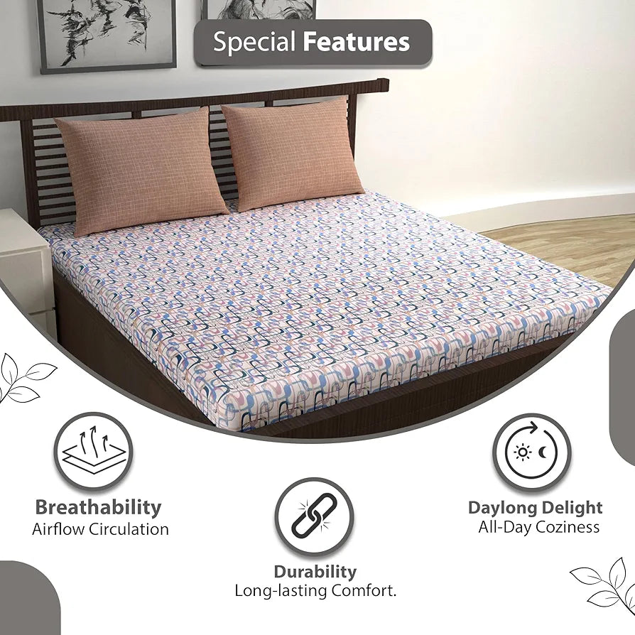 Divine Casa 144 TC 100% Pure Cotton Queen Size Double Bed Bedsheet with 2 Pillow Covers Wavy Pattern Colour Charcoal Blue