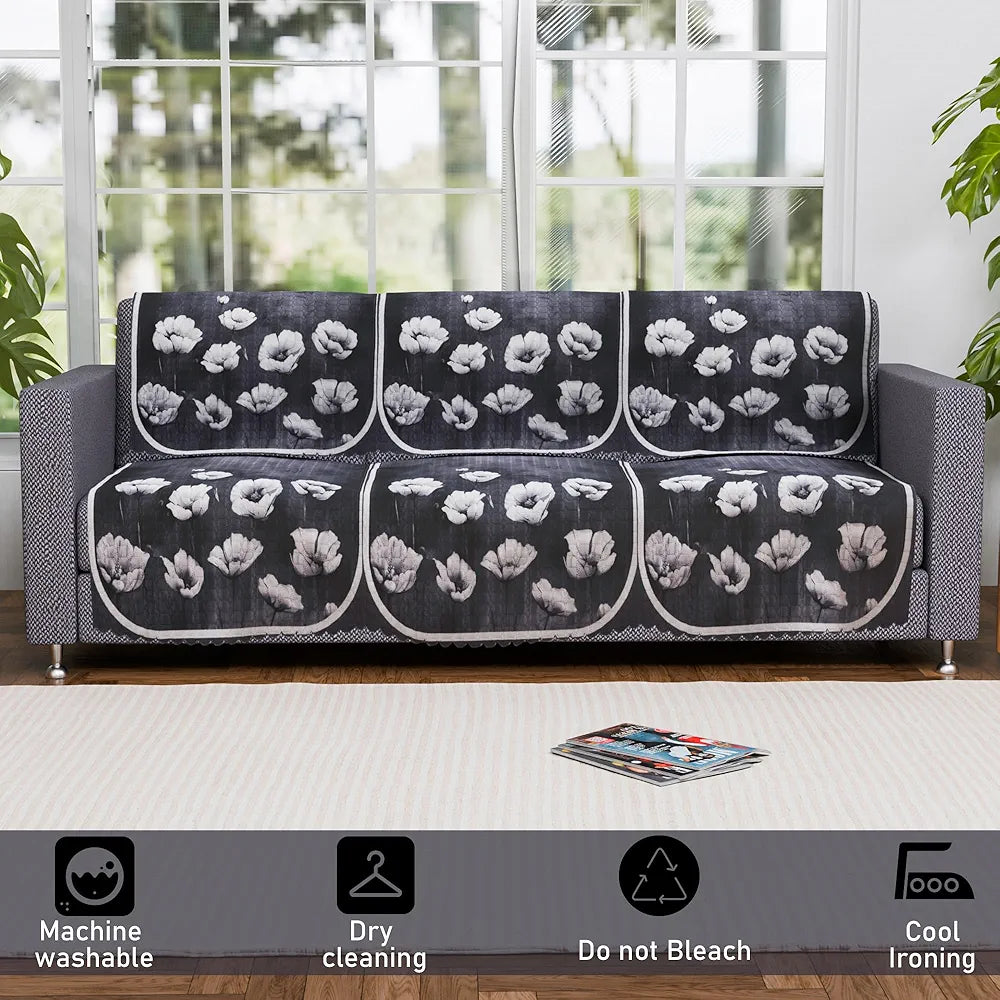 Kuber Industries Set of 6 Durable 3 Seater Sofa Covers for Living Room Lotus Print Grey