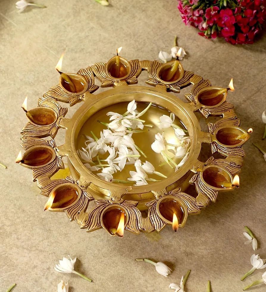 Two Moustaches 9.5 Inches Brass Urli Bowl with Lotus Design 11 Diyas Urli for Flowers