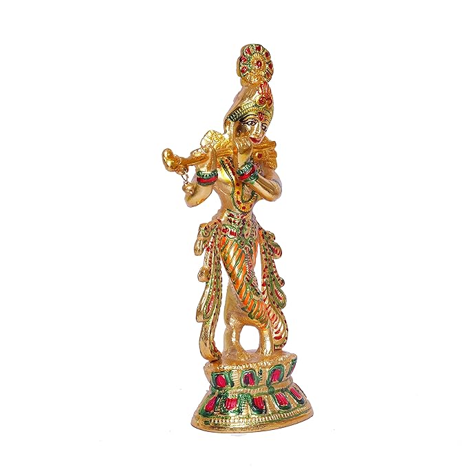 KridayKraft Lord Krishna Metal Statue Krishna idol Murti Playing Flute for Temple Pooja idol