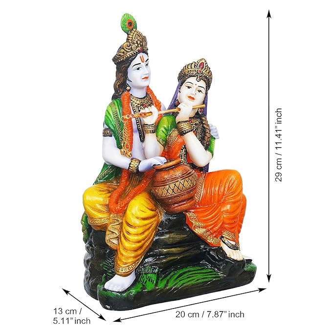 Ecraftindia Multicolor Polyresin Radha Krishna Idol Sitting on Rock Playing Flute and Holding Matki