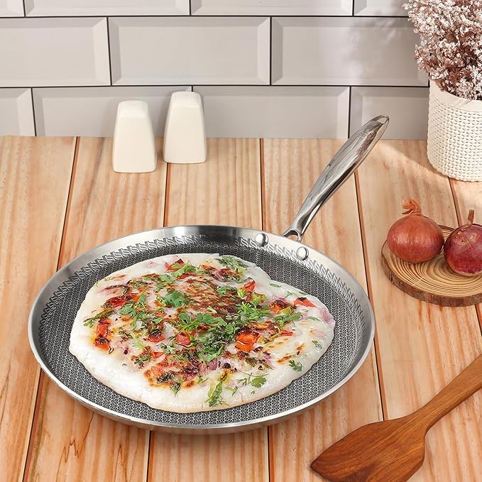 Vinod SAS Pro Platinum Triply Stainless Steel Dosa Tawa - 28 cm | 4.0 mm Thick | Hexa Design