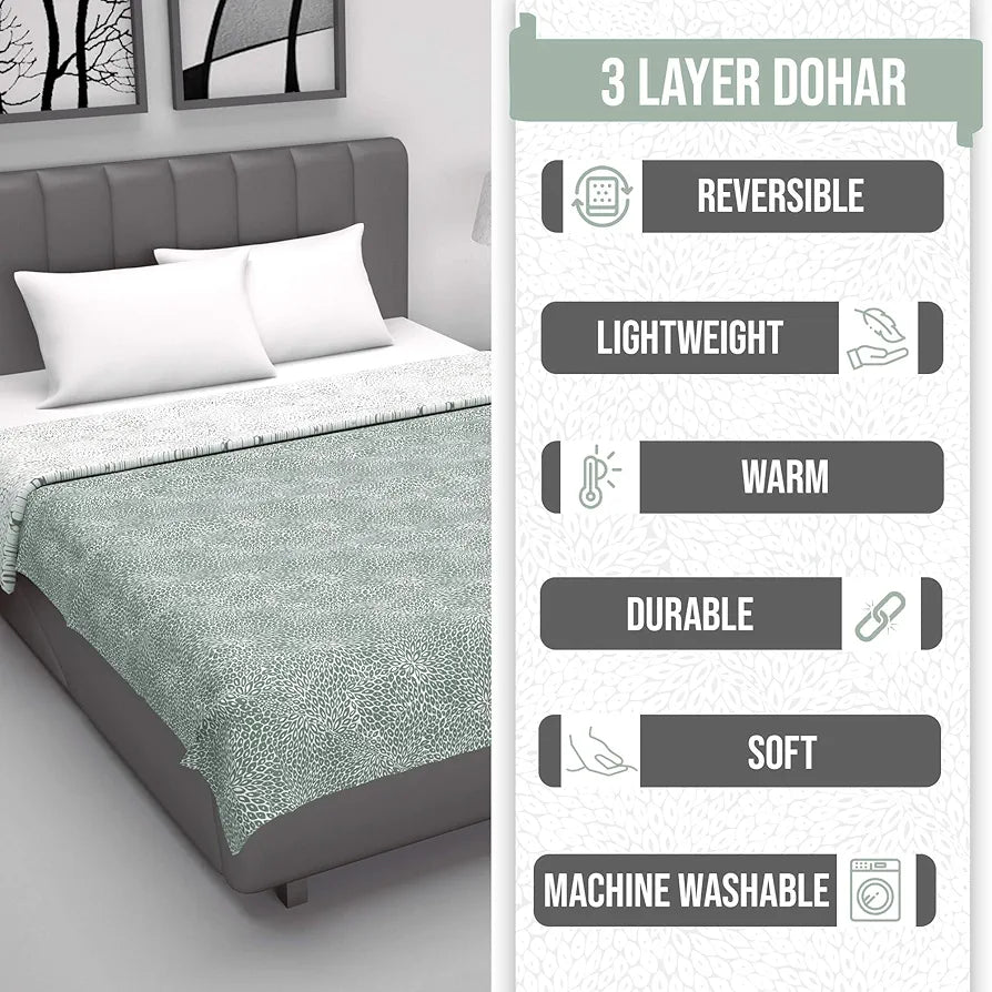 Divine Casa 120 GSM Microfiber Single Kids Dohar Soft & Lightweight Throw Blanket Floral Burst Pattern Colour Sage Green & White