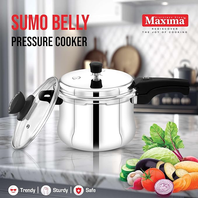Maxima Sumo Belly Plus Triply 3.5L Stainless Steel Cooker Glass Lid - 2570 gms