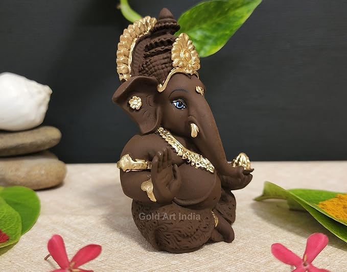 Gold Art India Brown Terracotta Idol for Ganesh Idol for Car Dashboard God for Home Decor