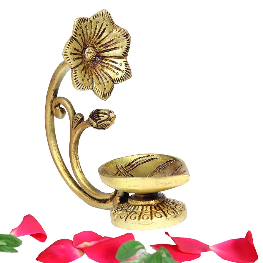 Anciently Antique Brass Flower Diya | Antique Brass Deepam | Antique Diya Brass 14.5cm Height, Gold Colour
