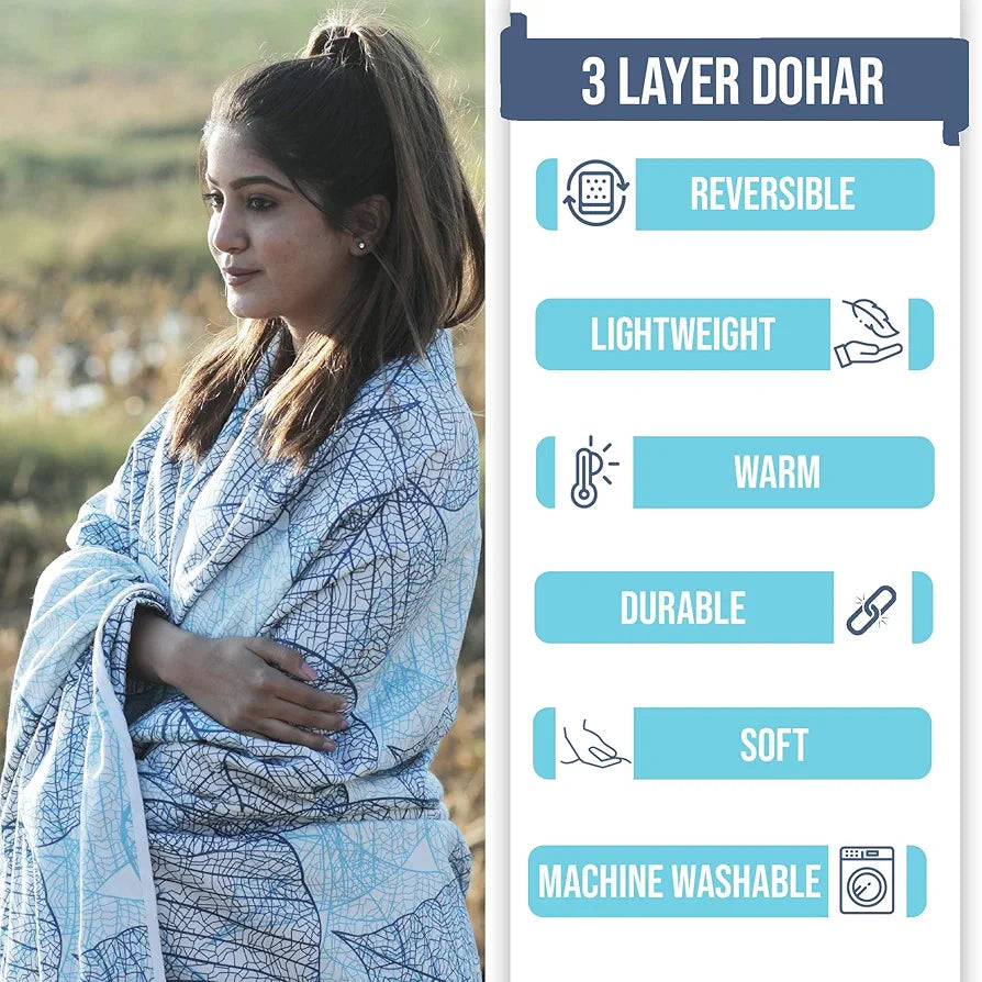 Divine Casa Glace Cotton 120 GSM Reversible Lightweight Printed Double Bed AC Dohar Blanket Quilt Colour Blue and Brown TC - 120