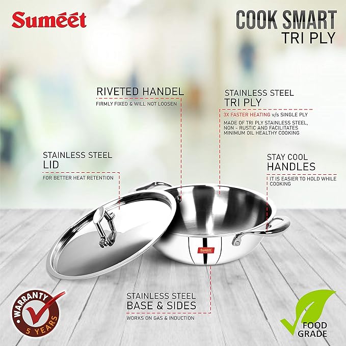 Sumeet Cook Smart TriPly Steel Aluminium Steel 3 Layers Kadhai with Lid - 1.1 Ltr - 18Cm