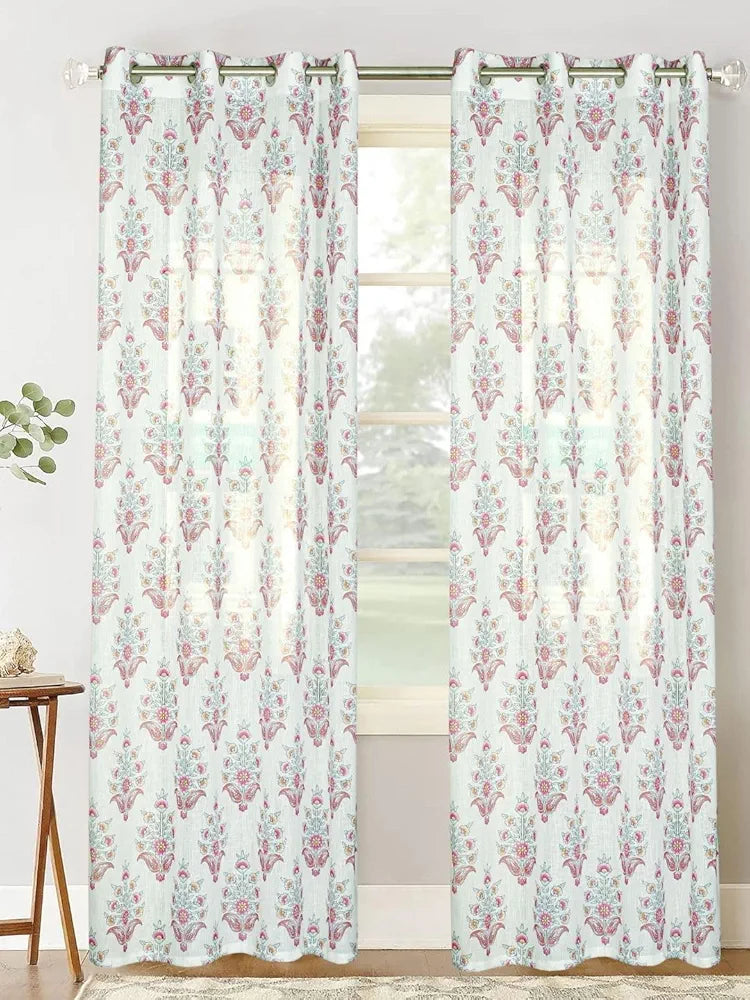 Homadorn Linen Sheer Printed Semi Transparent Curtains for Window Set of 2 Fuchsia fusion