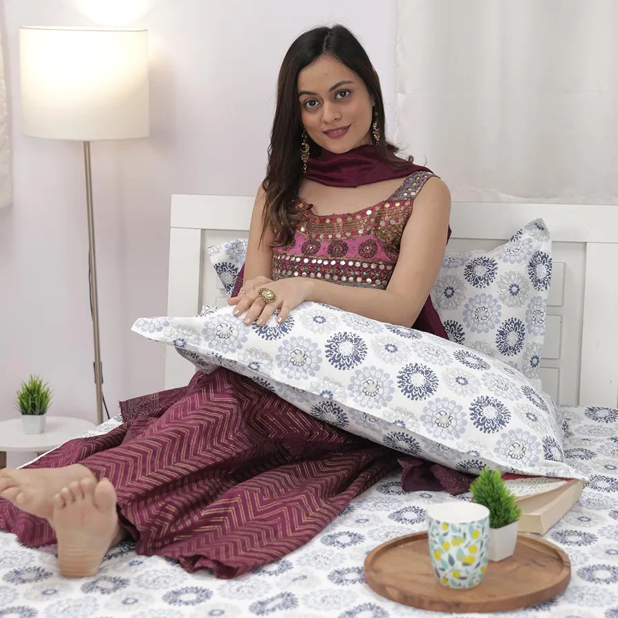 Divine Casa 144 TC 100% Cotton Bedsheet for Double Bed with 2 Pillow Cover Colour Blue Beige