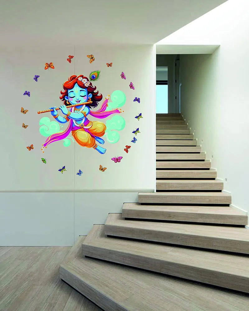 Rng Graphics Pvc Vinyl Little Krishna Wall Sticker With Butterflies Multicolor 55 Cm X 55cm DW-139L